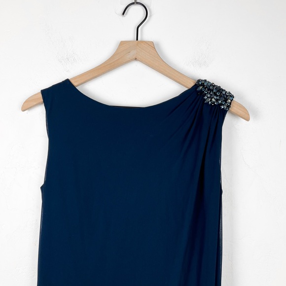 Tadashi Shoji Full Length Embellished Shoulder Open Back Gown Dress in Navy - Picture 2 of 11